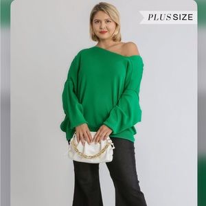 Umgee Asymmetrical Neckline Kelly Green Sweater Size 1XL NWT
